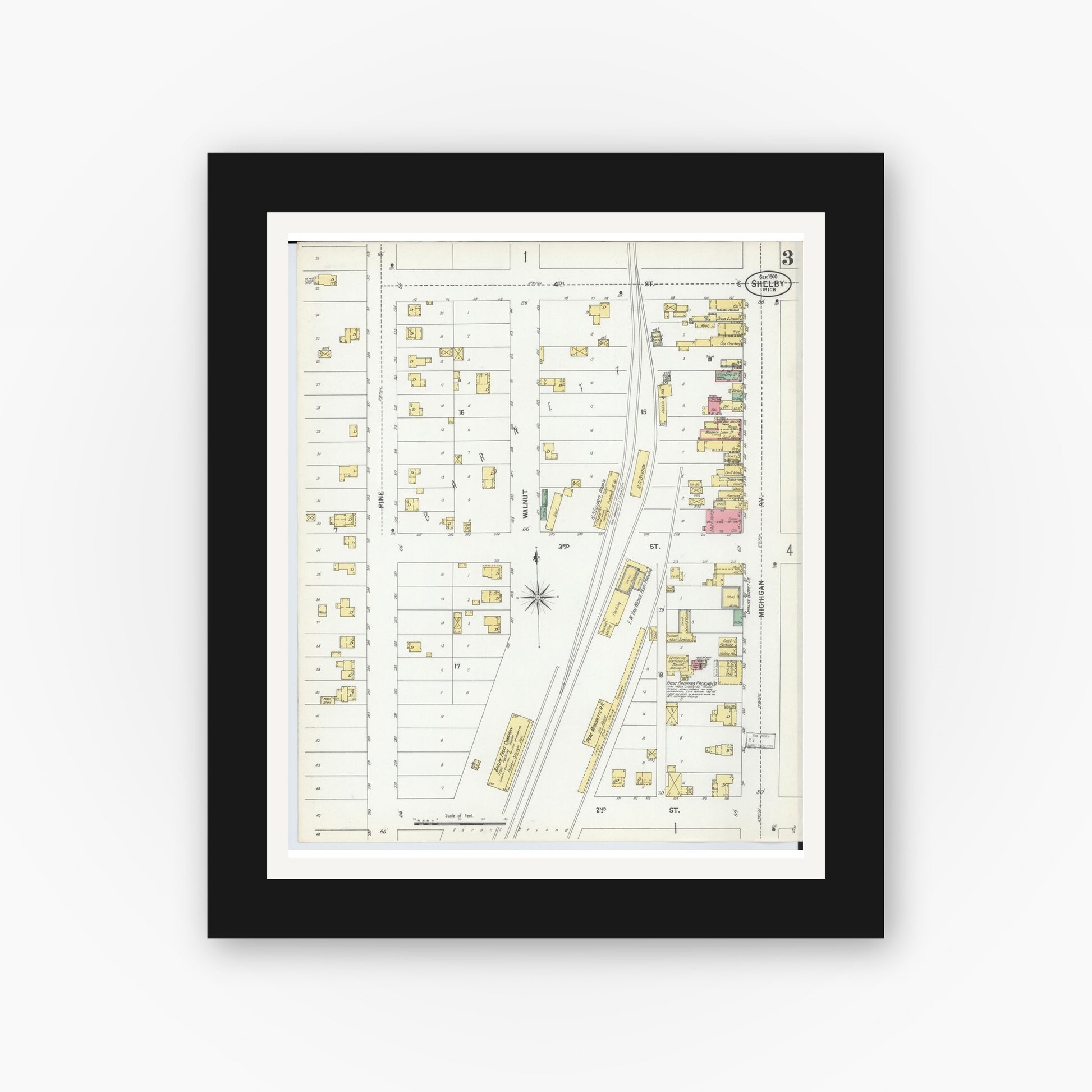 Old map wall art mockup — black gallery frame with white mat — Sanborn Fire Insurance Map from Shelby, Oceana County, Michigan (1900), Sheet #0003
