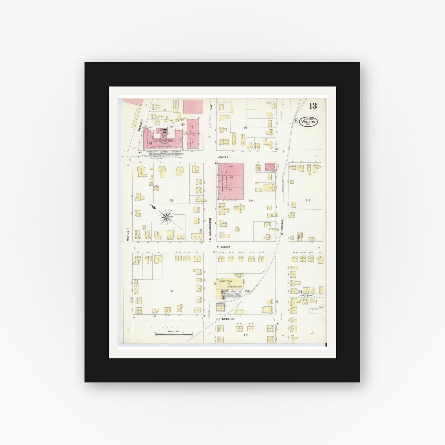 Old map wall art mockup — black gallery frame with white mat — Sanborn Fire Insurance Map from Wilson, Wilson County, North Carolina (1908), Sheet #0013