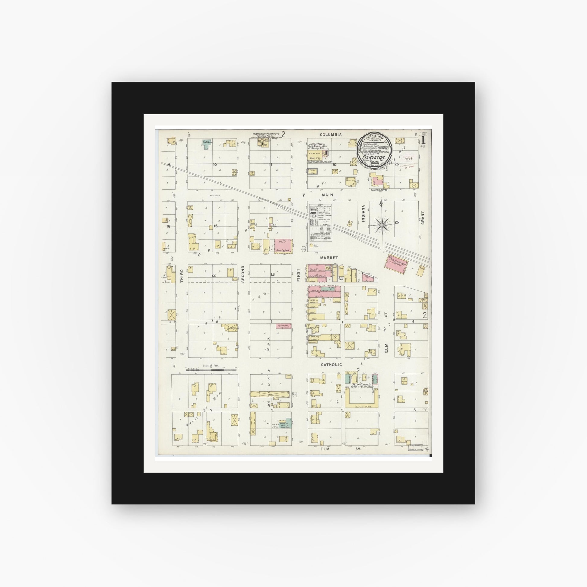 Old map wall art mockup — black gallery frame with white mat — Sanborn Fire Insurance Map from Pierceton, Kosciusko County, Indiana (1896) - Complete Map Set