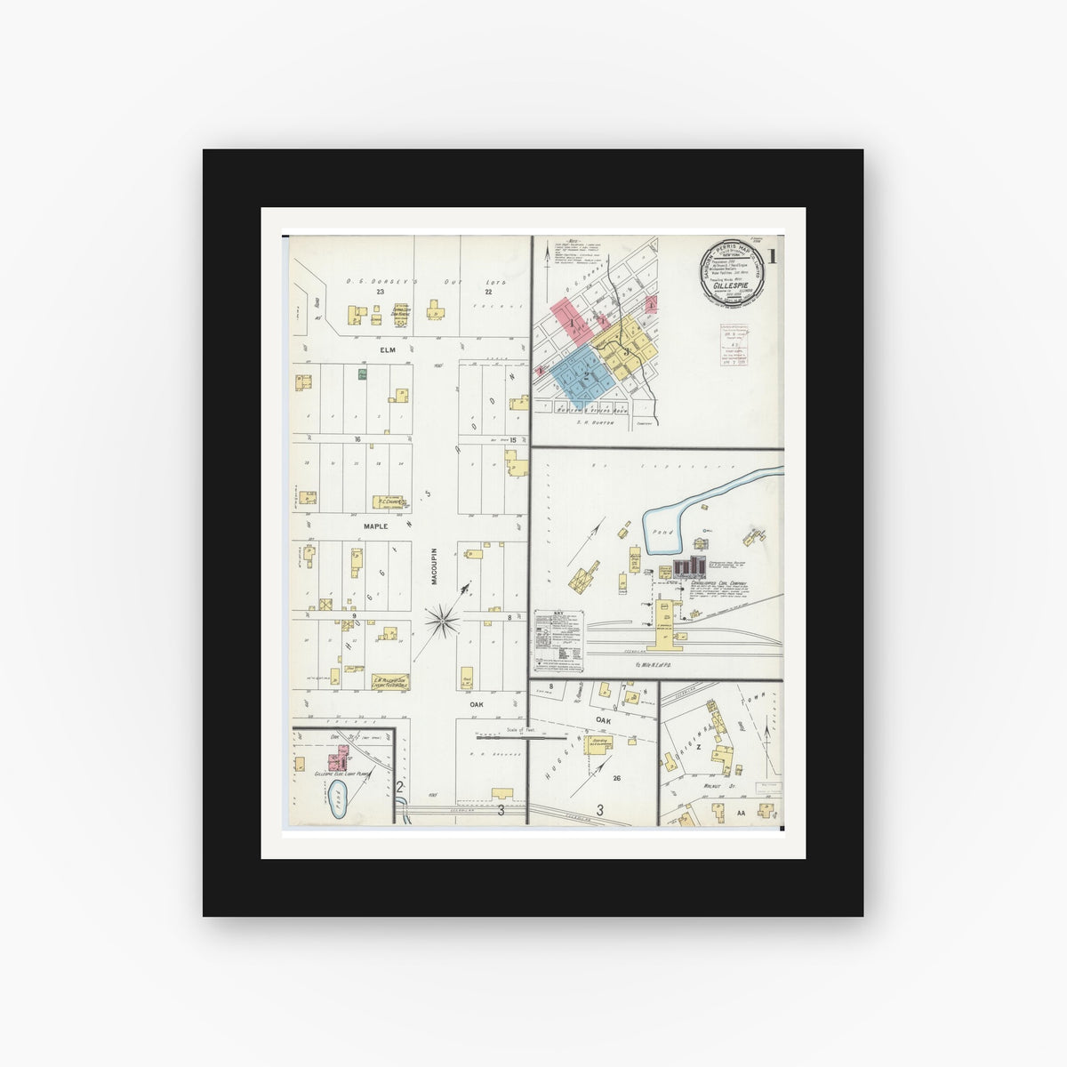 Old map wall art mockup — black gallery frame with white mat — Sanborn Fire Insurance Map from Gillespie, Macoupin County, Illinois (1899) - Complete Map Set