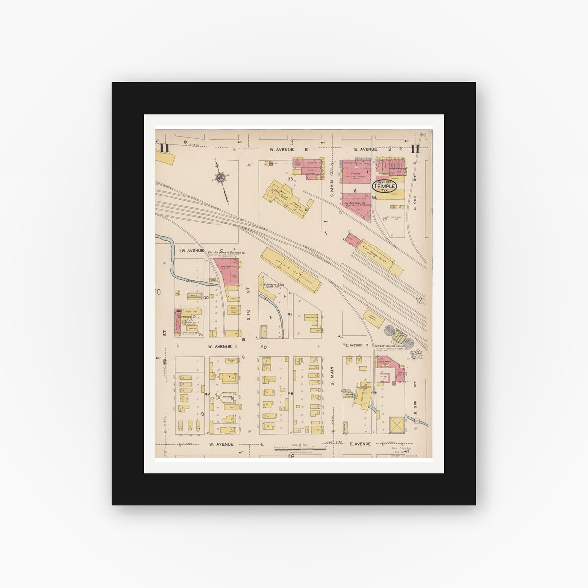 Old map wall art mockup — black gallery frame with white mat — Sanborn Fire Insurance Map from Temple, Bell County, Texas (1922), Sheet #0011