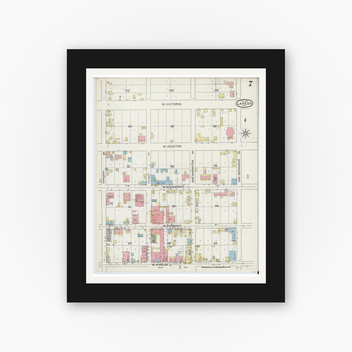Old map wall art mockup — black gallery frame with white mat — Sanborn Fire Insurance Map from Laredo, Webb County, Texas (1894), Sheet #0007