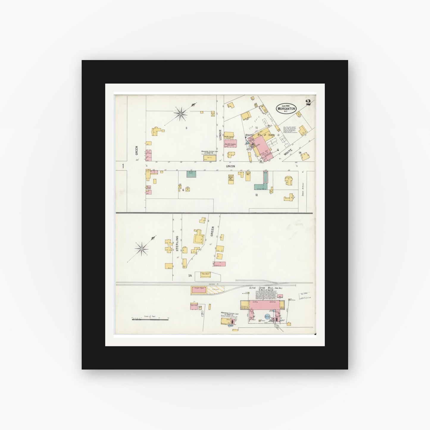 Old map wall art mockup — black gallery frame with white mat — Sanborn Fire Insurance Map from Morganton, Burke County, North Carolina (1900), Sheet #0002