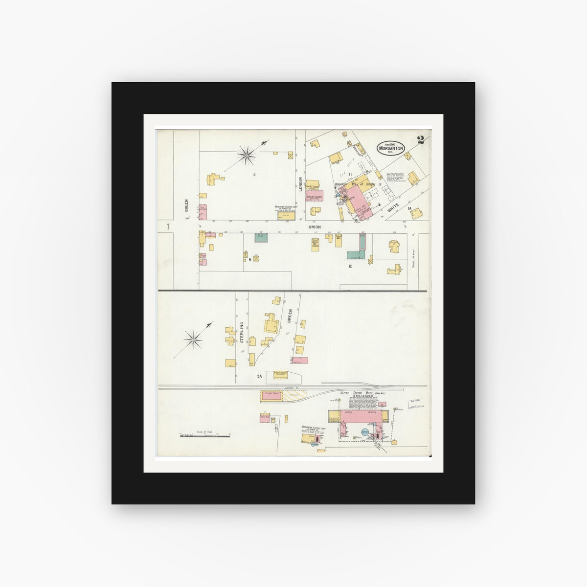 Old map wall art mockup — black gallery frame with white mat — Sanborn Fire Insurance Map from Morganton, Burke County, North Carolina (1900), Sheet #0002