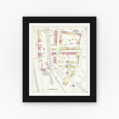 Old map wall art mockup — black gallery frame with white mat — Sanborn Fire Insurance Map from Columbia, Lancaster County, Pennsylvania (1909), Sheet #0007