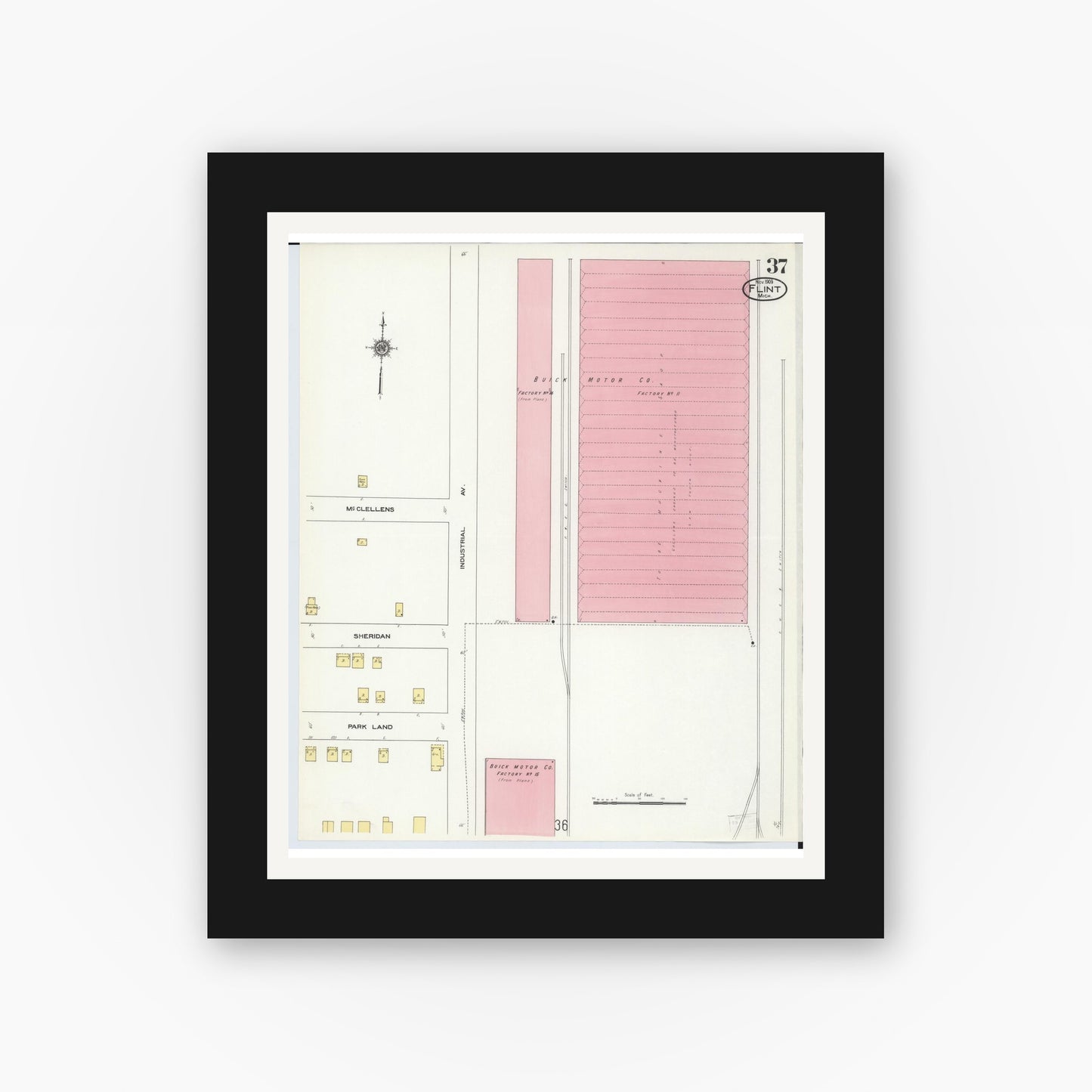 Old map wall art mockup — black gallery frame with white mat — Sanborn Fire Insurance Map from Flint, Genesee County, Michigan (1909), Sheet #0037