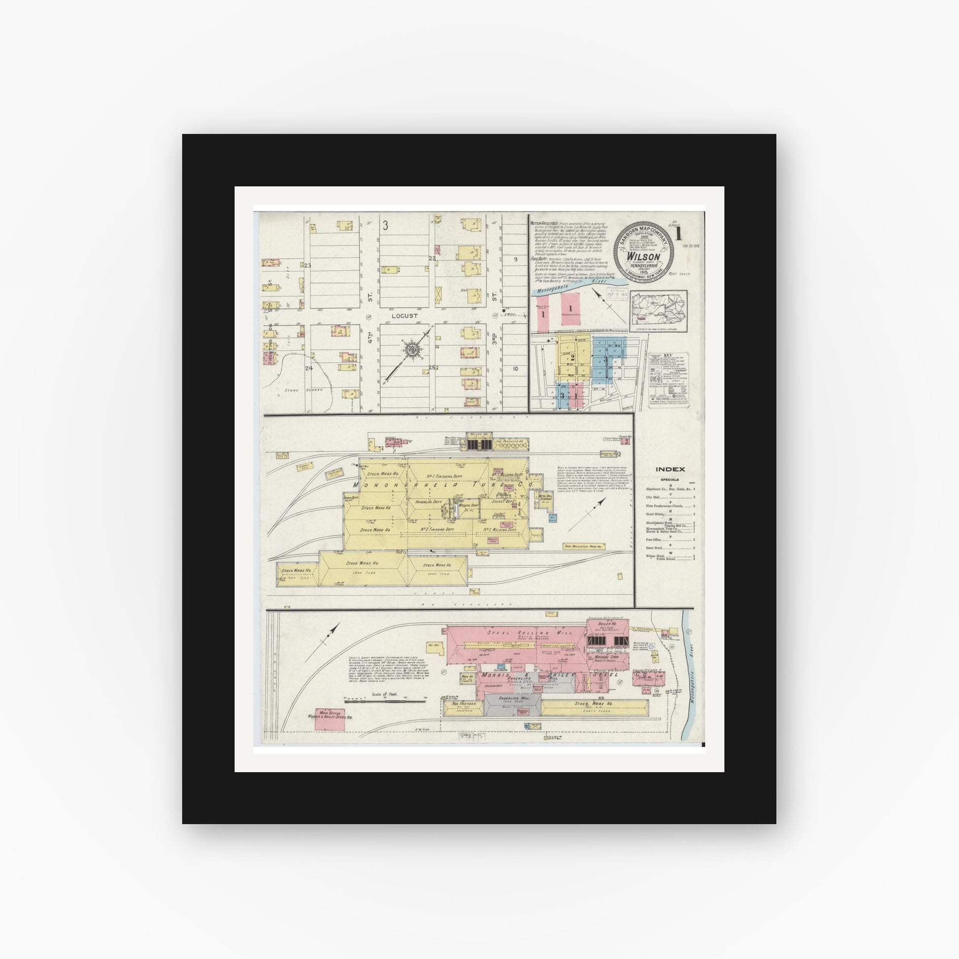 Old map wall art mockup — black gallery frame with white mat — Sanborn Fire Insurance Map from Wilson, Allegheny County, Pennsylvania (1915) - Complete Map Set