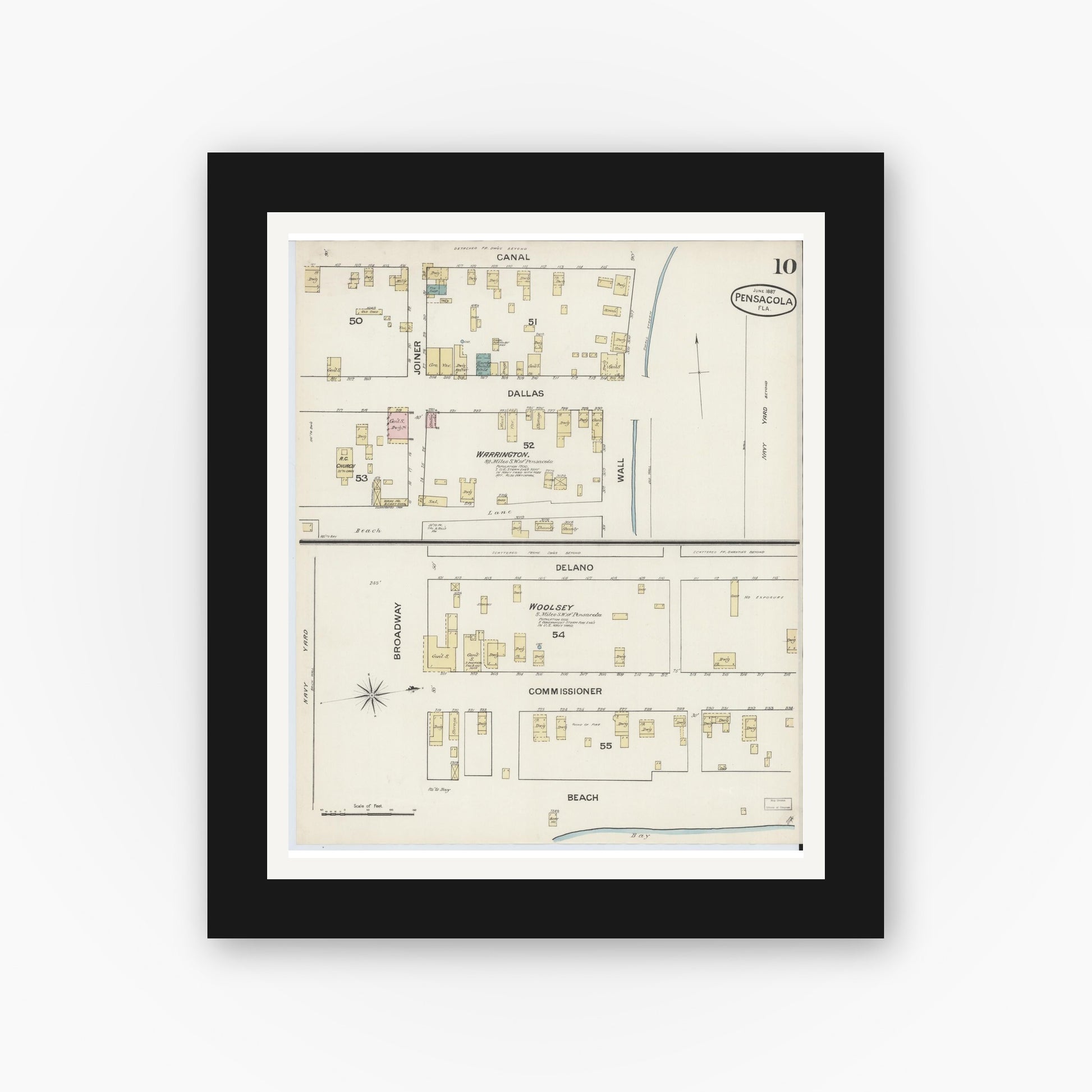 Old map wall art mockup — black gallery frame with white mat — Sanborn Fire Insurance Map from Pensacola, Escambia County, Florida (1887), Sheet #0010
