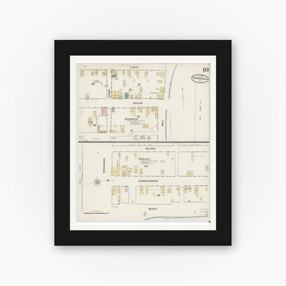 Old map wall art mockup — black gallery frame with white mat — Sanborn Fire Insurance Map from Pensacola, Escambia County, Florida (1887), Sheet #0010
