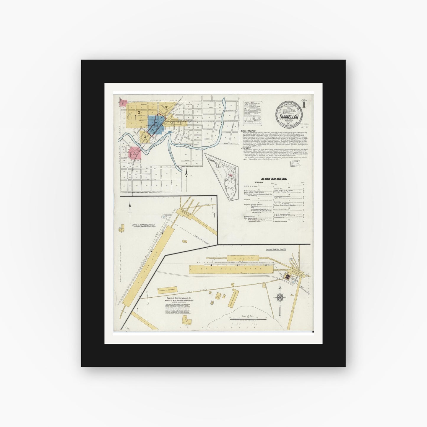 Old map wall art mockup — black gallery frame with white mat — Sanborn Fire Insurance Map from Dunnellon, Marion County, Florida (1917) - Complete Map Set