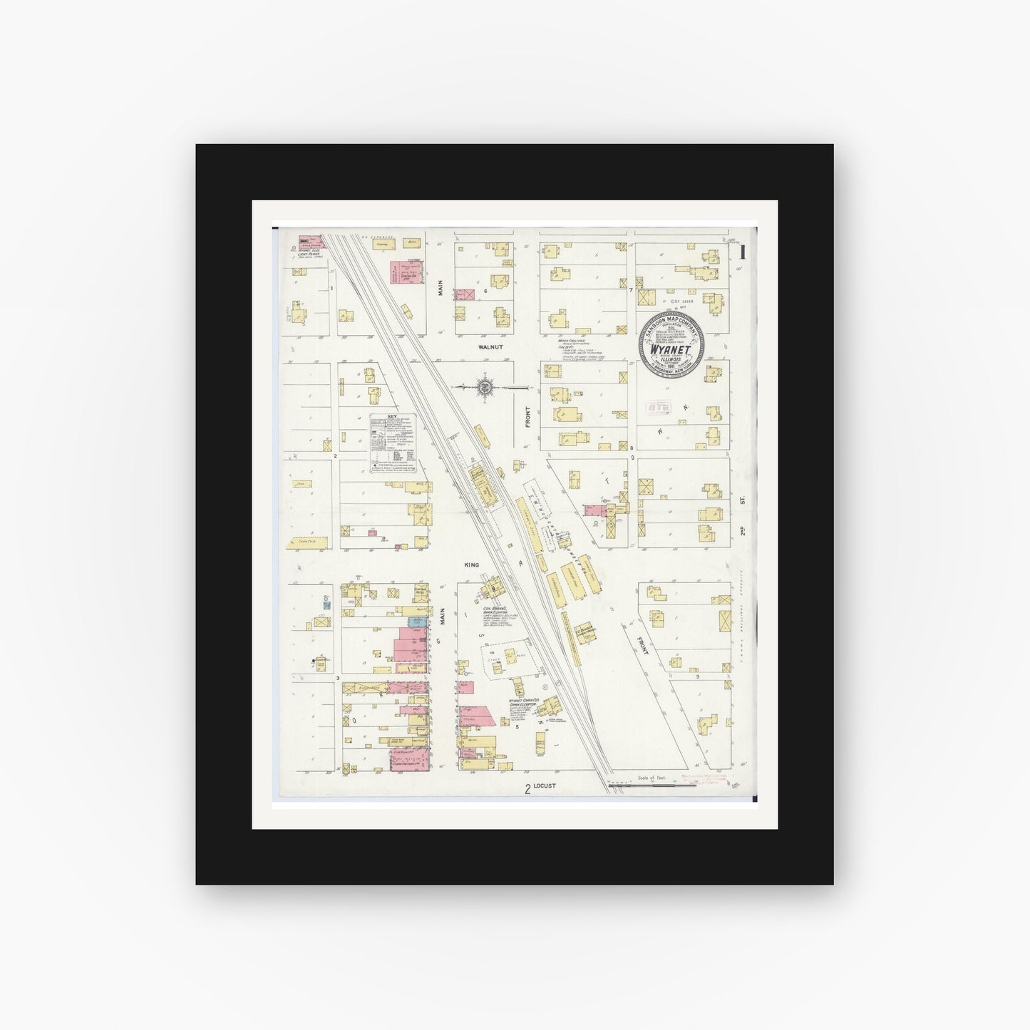 Old map wall art mockup — black gallery frame with white mat — Sanborn Fire Insurance Map from Wyanet, Bureau County, Illinois (1911) - Complete Map Set