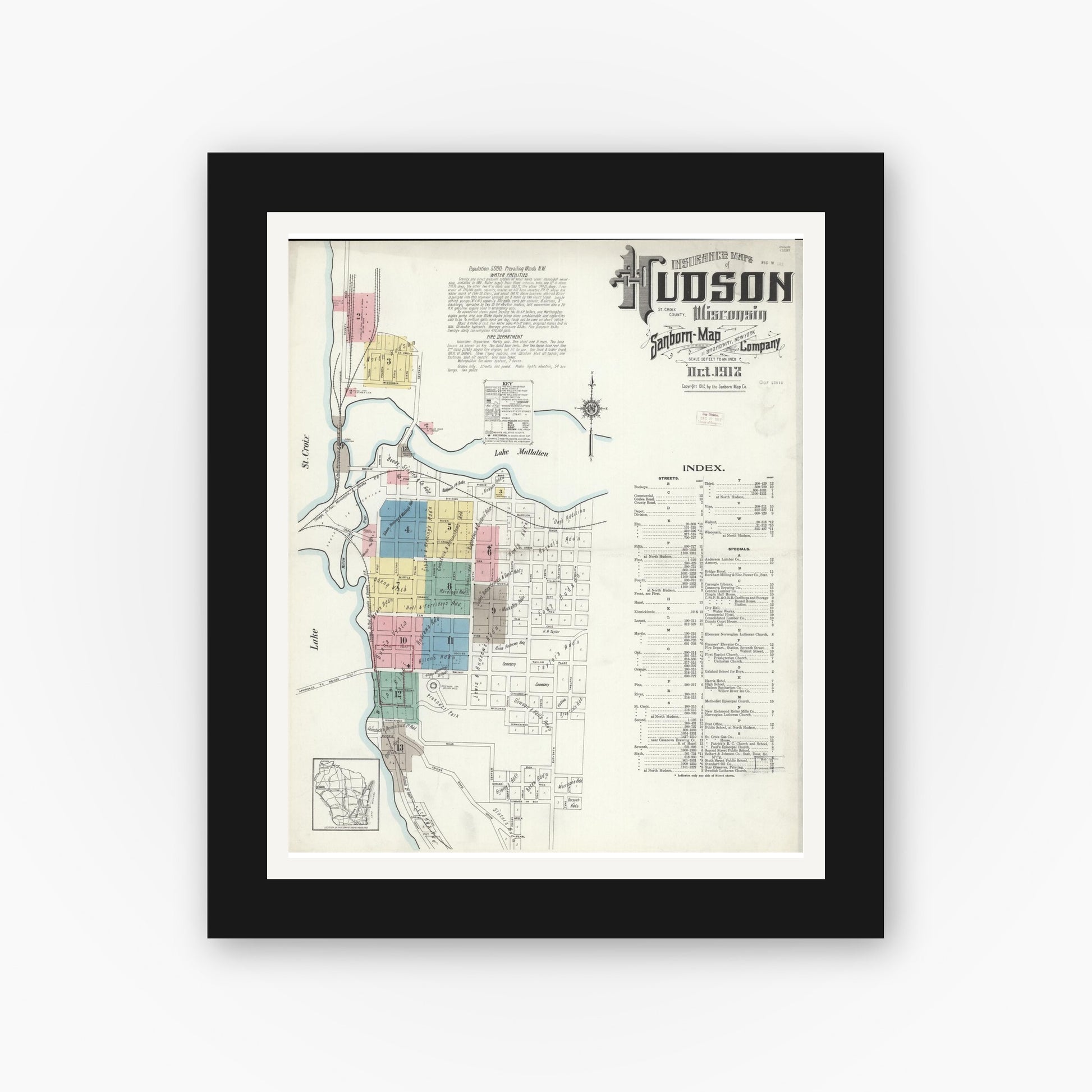 Old map wall art mockup — black gallery frame with white mat — Sanborn Fire Insurance Map from Hudson, St. Croix County, Wisconsin (1912), Sheet #0001
