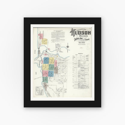 Old map wall art mockup — black gallery frame with white mat — Sanborn Fire Insurance Map from Hudson, St. Croix County, Wisconsin (1912), Sheet #0001