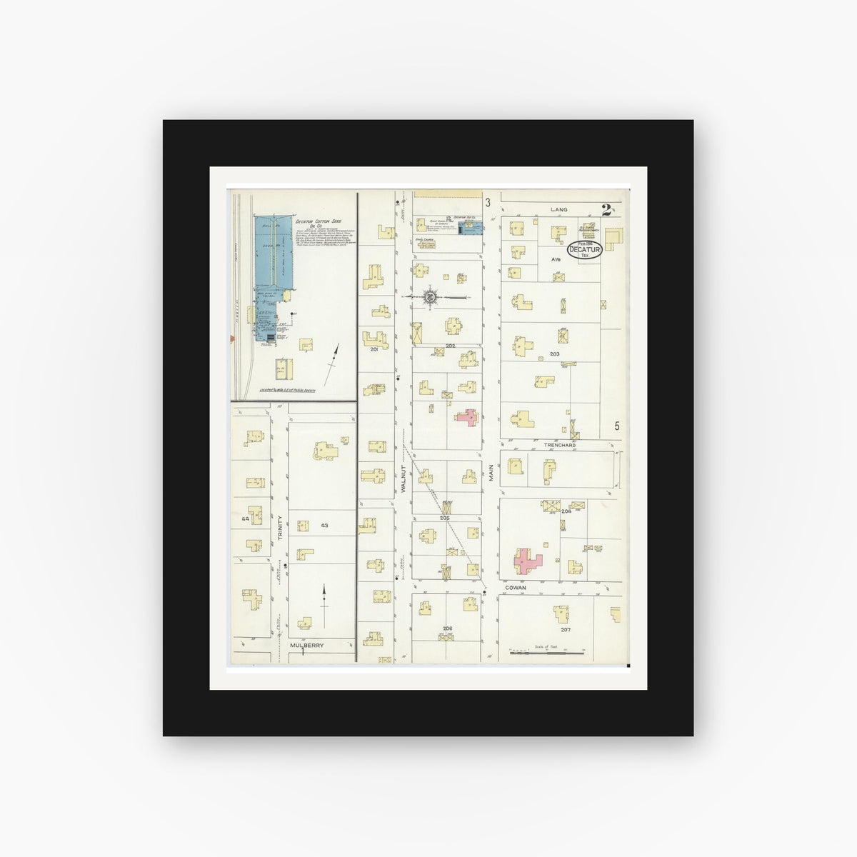Old map wall art mockup — black gallery frame with white mat — Sanborn Fire Insurance Map from Decatur, Wise County, Texas (1914), Sheet #0002