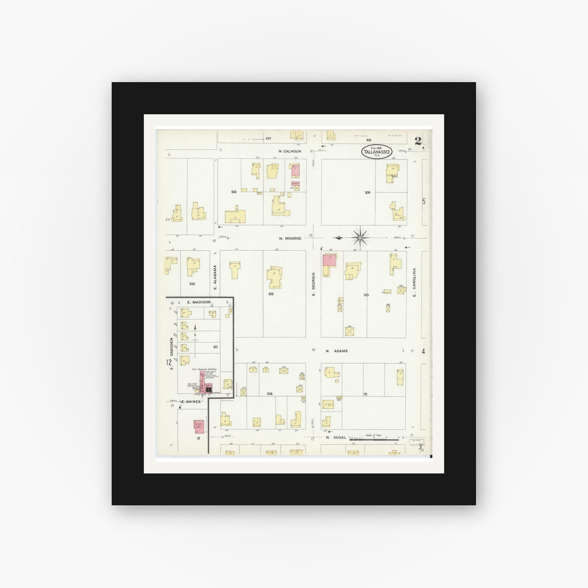 Old map wall art mockup — black gallery frame with white mat — Sanborn Fire Insurance Map from Tallahassee, Leon County, Florida (1909), Sheet #0002