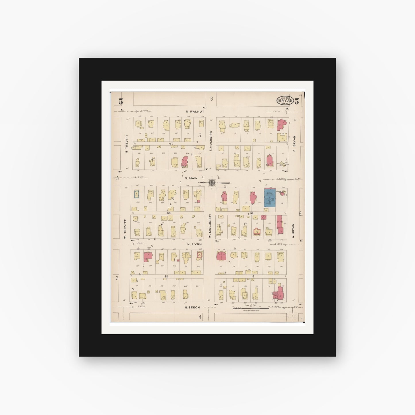 Old map wall art mockup — black gallery frame with white mat — Sanborn Fire Insurance Map from Bryan, Williams County, Ohio (1923), Sheet #0005