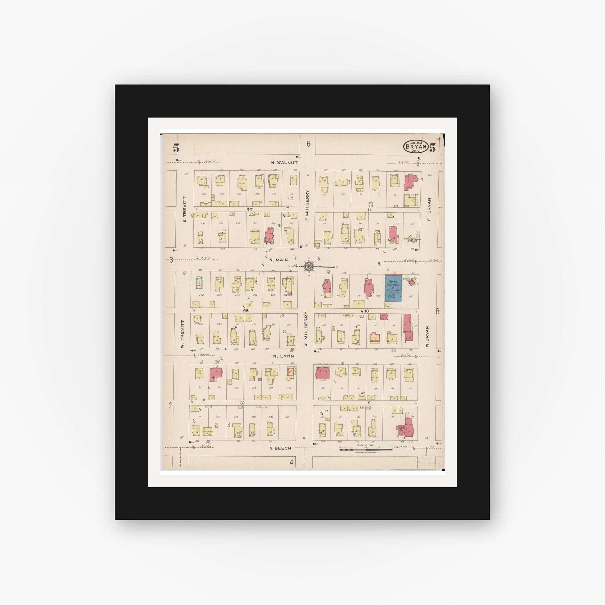 Old map wall art mockup — black gallery frame with white mat — Sanborn Fire Insurance Map from Bryan, Williams County, Ohio (1923), Sheet #0005