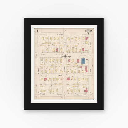 Old map wall art mockup — black gallery frame with white mat — Sanborn Fire Insurance Map from Bryan, Williams County, Ohio (1923), Sheet #0005