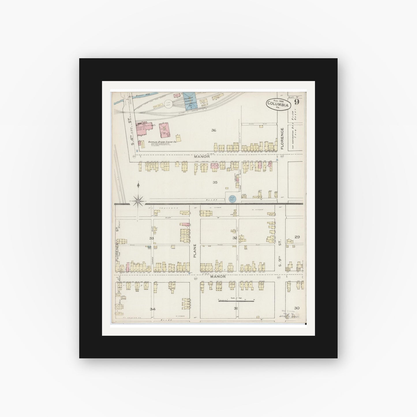 Old map wall art mockup — black gallery frame with white mat — Sanborn Fire Insurance Map from Columbia, Lancaster County, Pennsylvania (1886), Sheet #0009