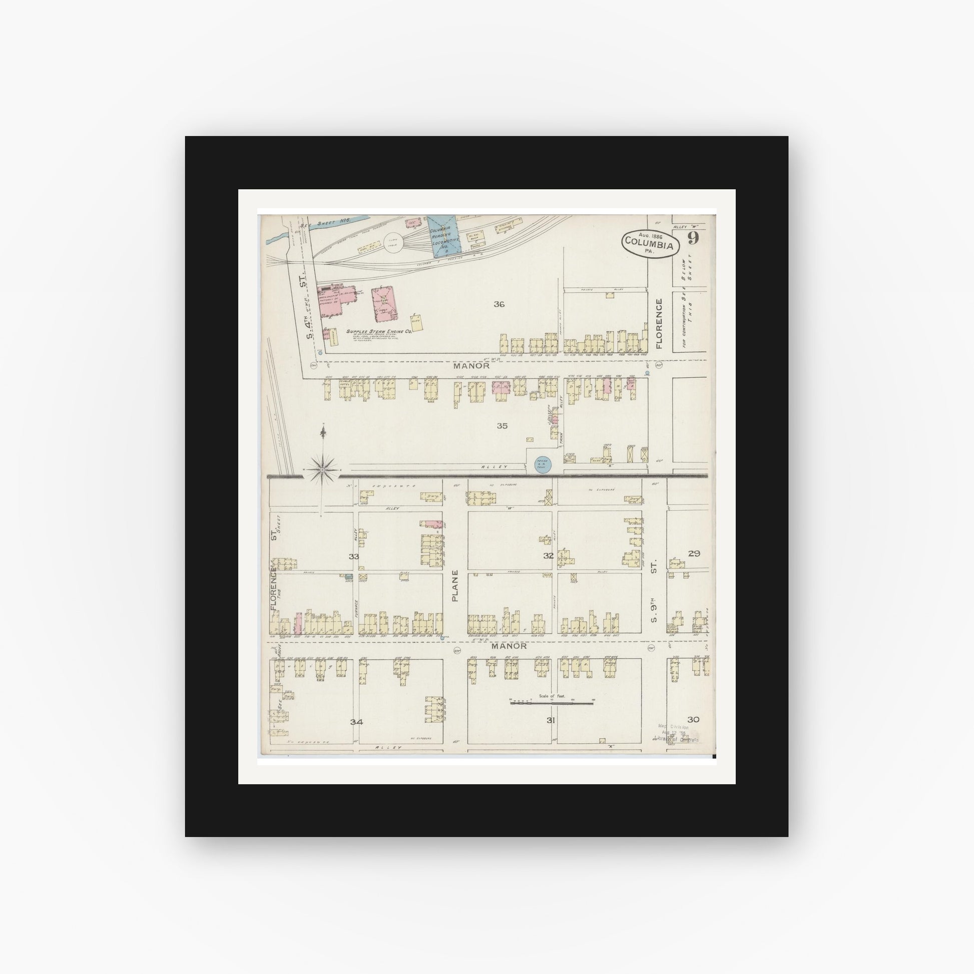 Old map wall art mockup — black gallery frame with white mat — Sanborn Fire Insurance Map from Columbia, Lancaster County, Pennsylvania (1886), Sheet #0009