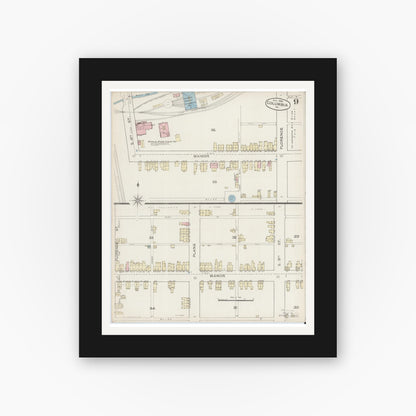 Old map wall art mockup — black gallery frame with white mat — Sanborn Fire Insurance Map from Columbia, Lancaster County, Pennsylvania (1886), Sheet #0009