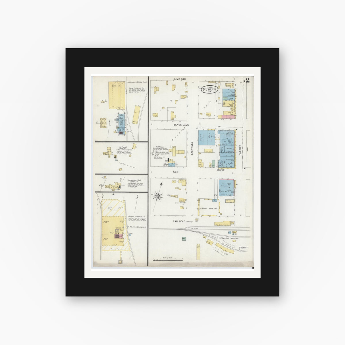 Old map wall art mockup — black gallery frame with white mat — Sanborn Fire Insurance Map from Dublin, Erath County, Texas (1896), Sheet #0002