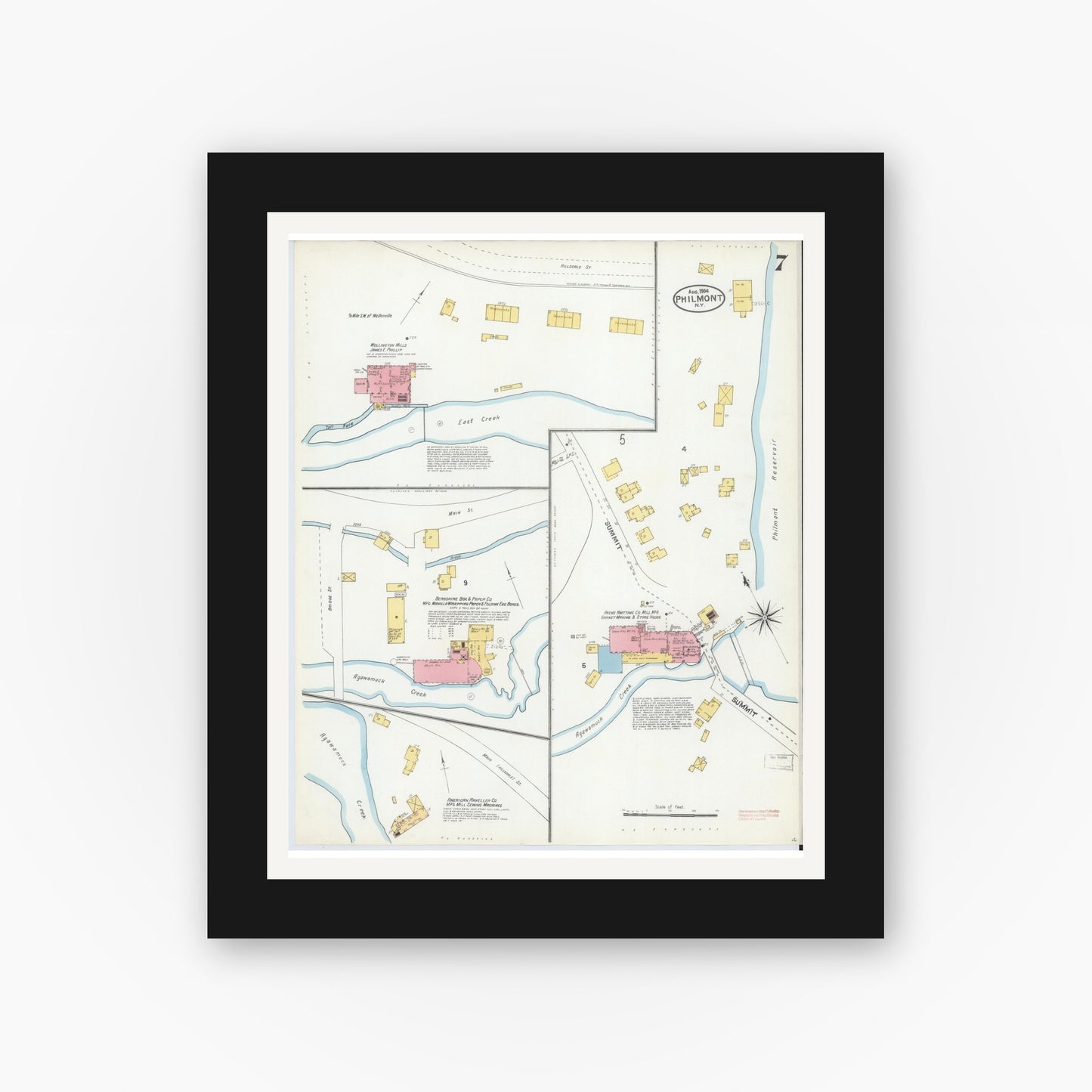 Old map wall art mockup — black gallery frame with white mat — Sanborn Fire Insurance Map from Philmont, Columbia County, New York (1904), Sheet #0007