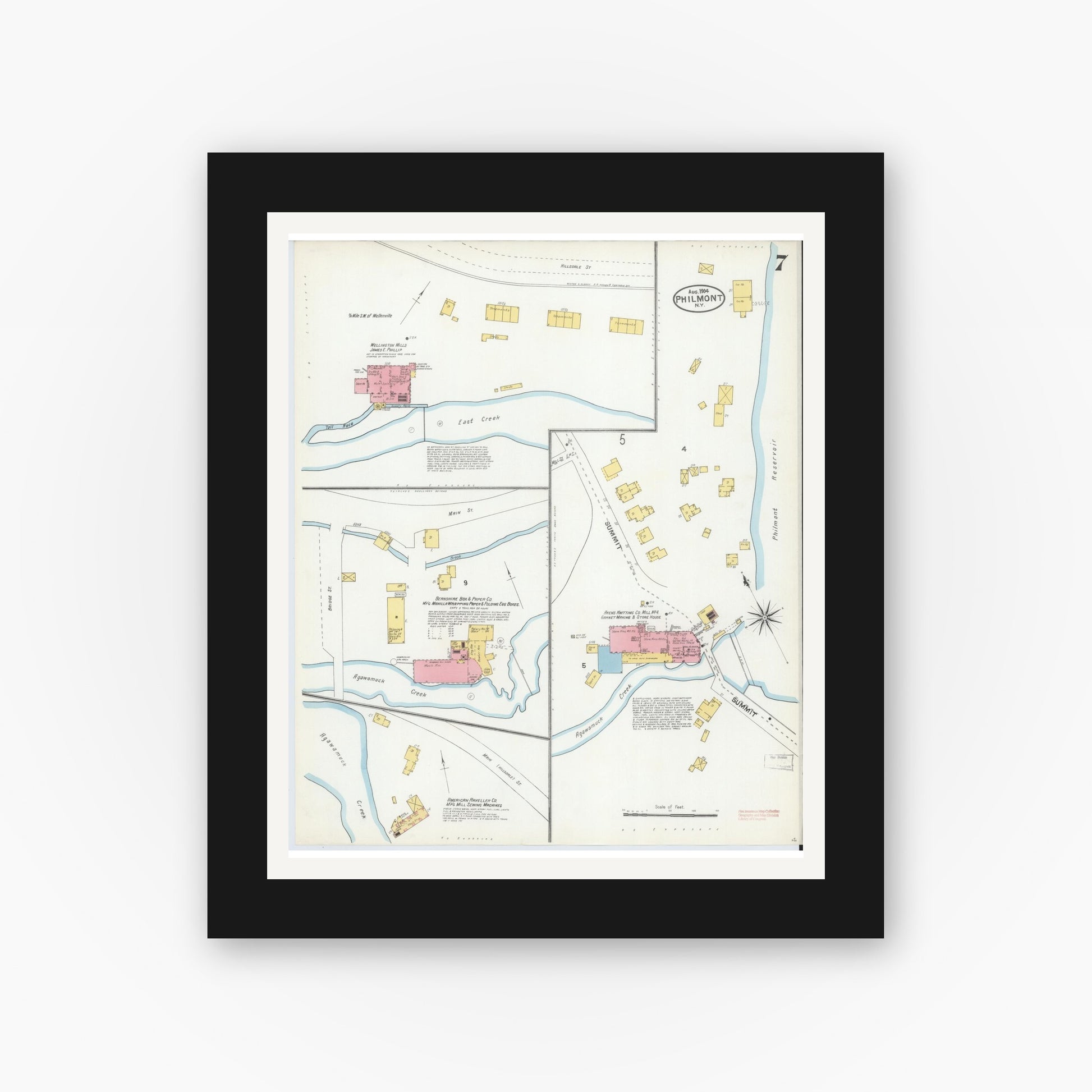 Old map wall art mockup — black gallery frame with white mat — Sanborn Fire Insurance Map from Philmont, Columbia County, New York (1904), Sheet #0007