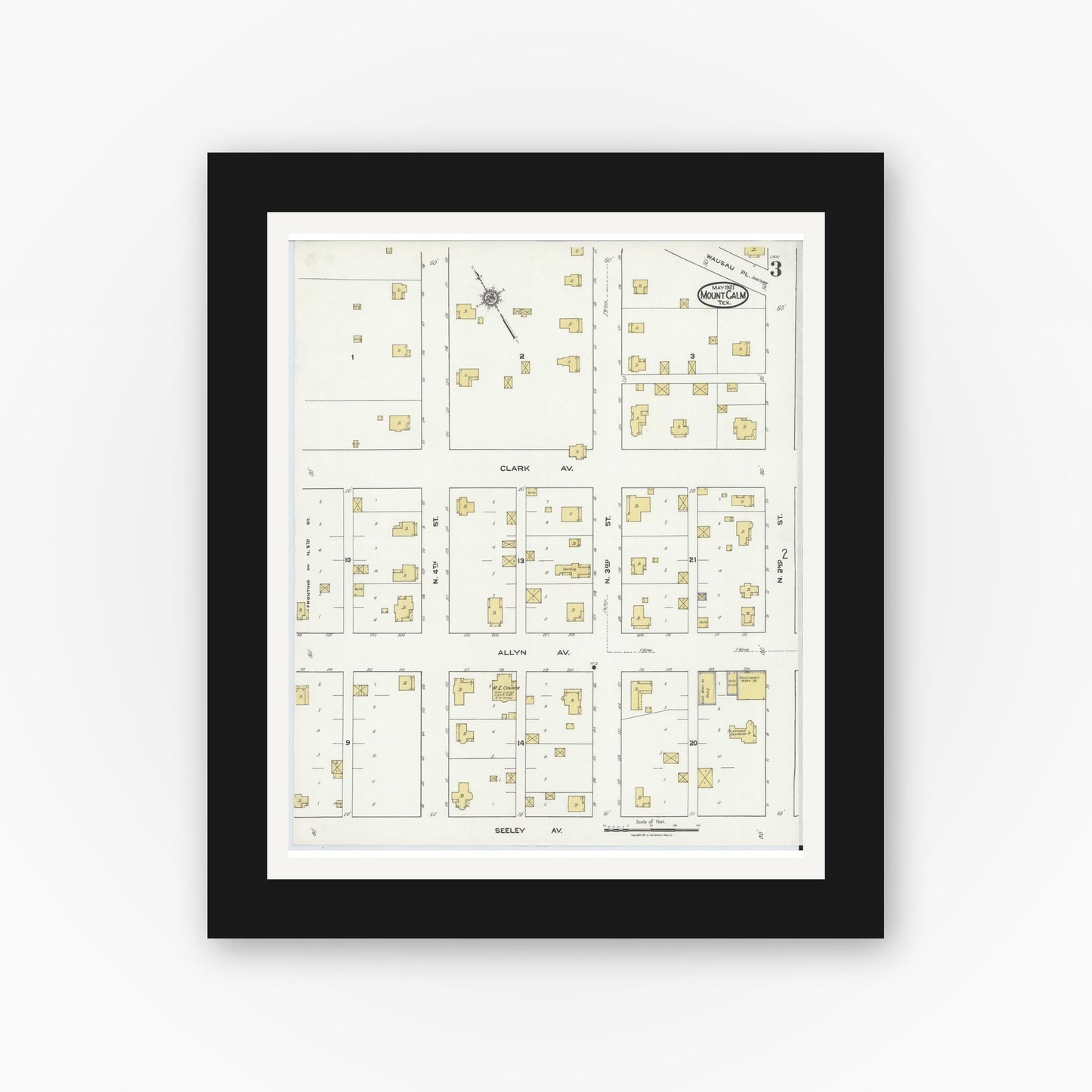 Old map wall art mockup — black gallery frame with white mat — Sanborn Fire Insurance Map from Mount Calm, Hill County, Texas (1921), Sheet #0003