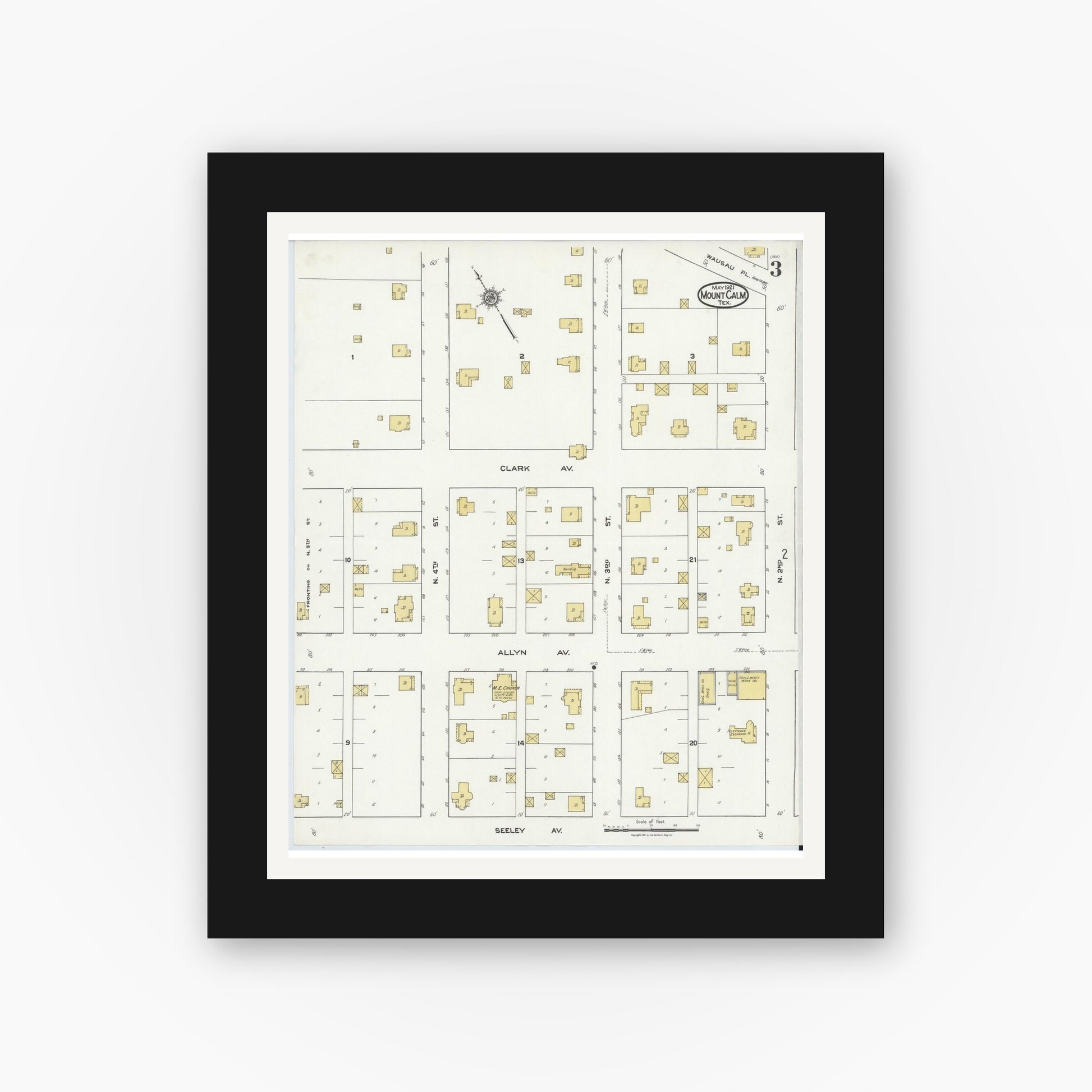 Old map wall art mockup — black gallery frame with white mat — Sanborn Fire Insurance Map from Mount Calm, Hill County, Texas (1921), Sheet #0003
