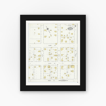 Old map wall art mockup — black gallery frame with white mat — Sanborn Fire Insurance Map from Mount Calm, Hill County, Texas (1921), Sheet #0003