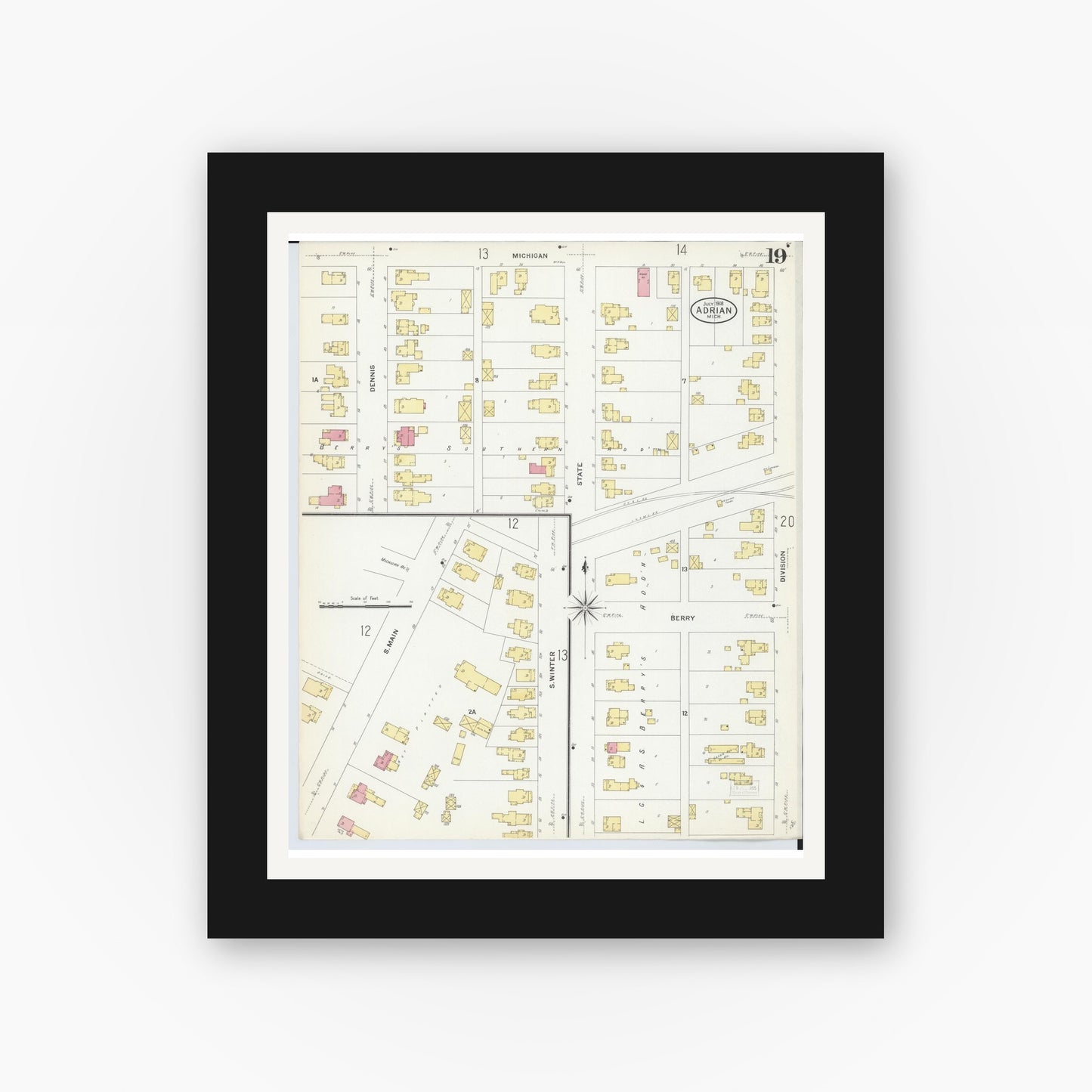 Old map wall art mockup — black gallery frame with white mat — Sanborn Fire Insurance Map from Adrian, Lenawee County, Michigan (1908), Sheet #0019