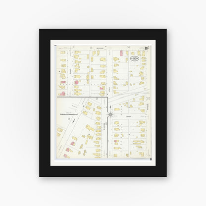 Old map wall art mockup — black gallery frame with white mat — Sanborn Fire Insurance Map from Adrian, Lenawee County, Michigan (1908), Sheet #0019