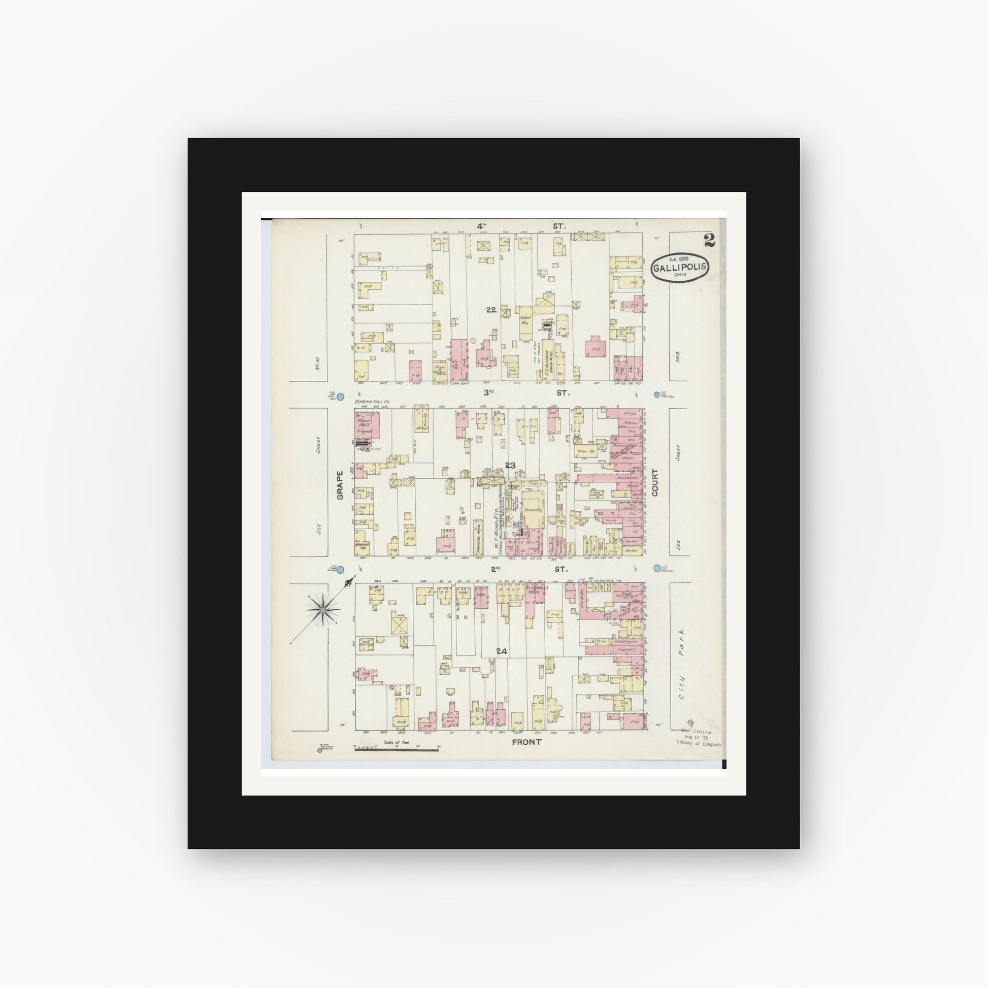 Old map wall art mockup — black gallery frame with white mat — Sanborn Fire Insurance Map from Gallipolis, Gallia County, Ohio (1890), Sheet #0002