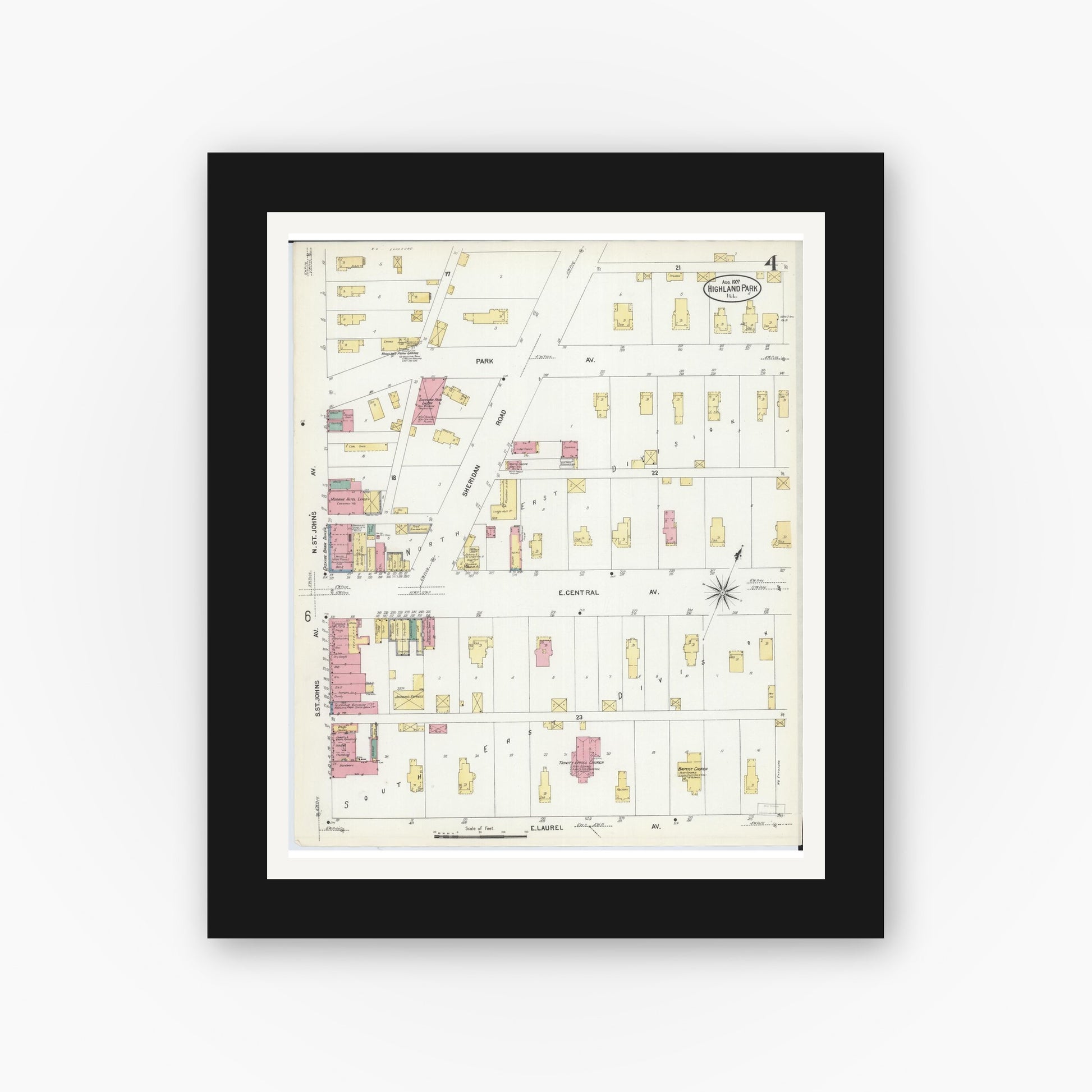 Old map wall art mockup — black gallery frame with white mat — Sanborn Fire Insurance Map from Highland Park, Lake County, Illinois (1907), Sheet #0004