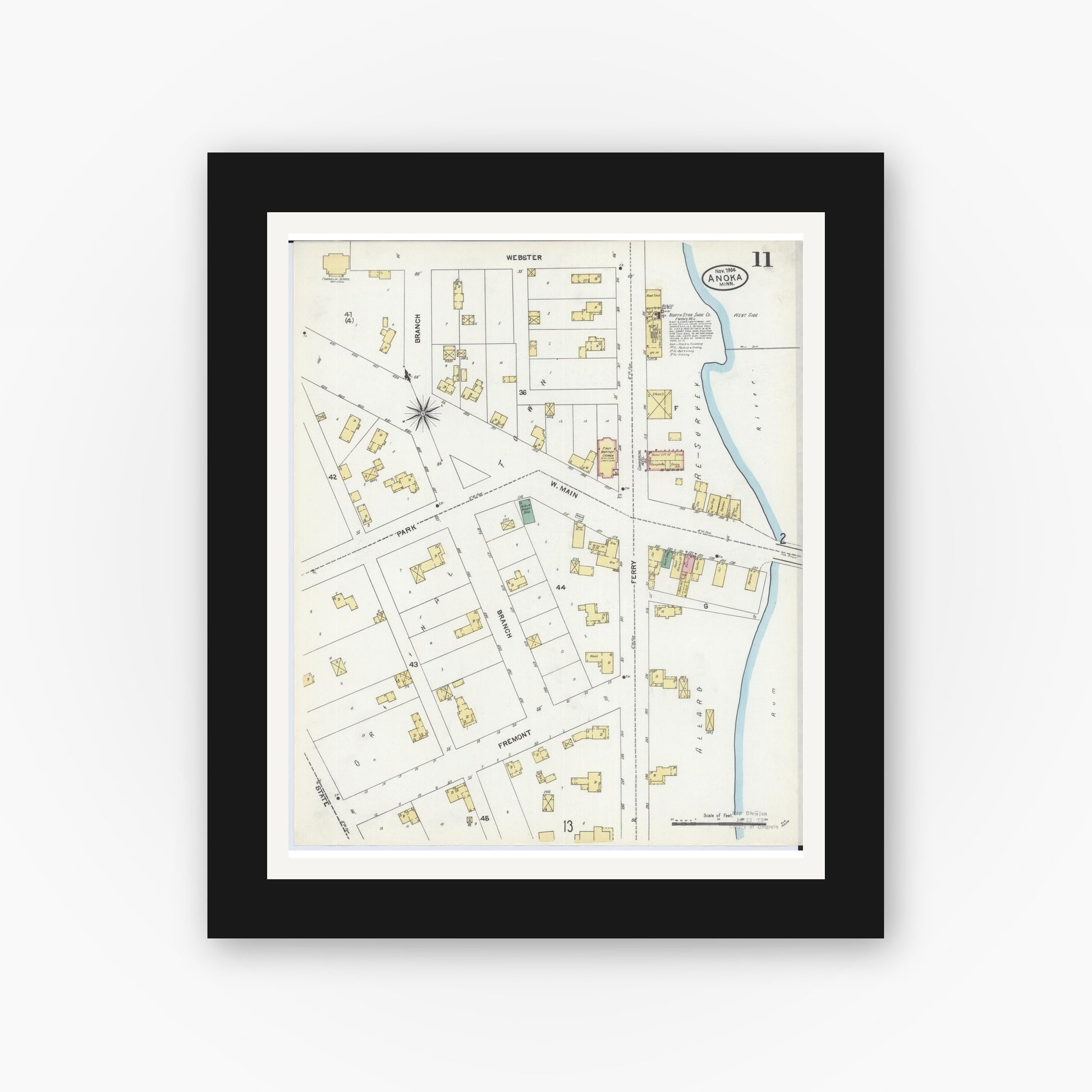 Old map wall art mockup — black gallery frame with white mat — Sanborn Fire Insurance Map from Anoka, Anoka County, Minnesota (1904), Sheet #0011