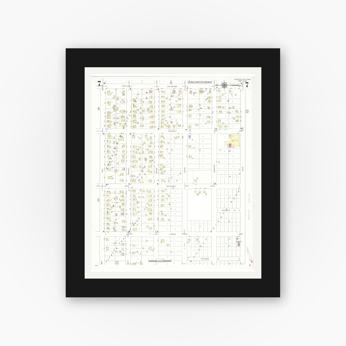 Old map wall art mockup — black gallery frame with white mat — Sanborn Fire Insurance Map from Webster City, Hamilton County, Iowa (1938), Sheet #0007