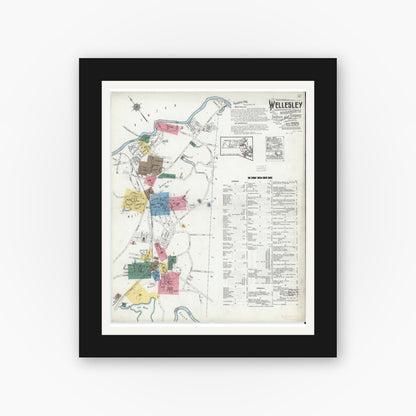 Old map wall art mockup — black gallery frame with white mat — Sanborn Fire Insurance Map from Wellesley, Norfolk County, Massachusetts (1919), Sheet #0001