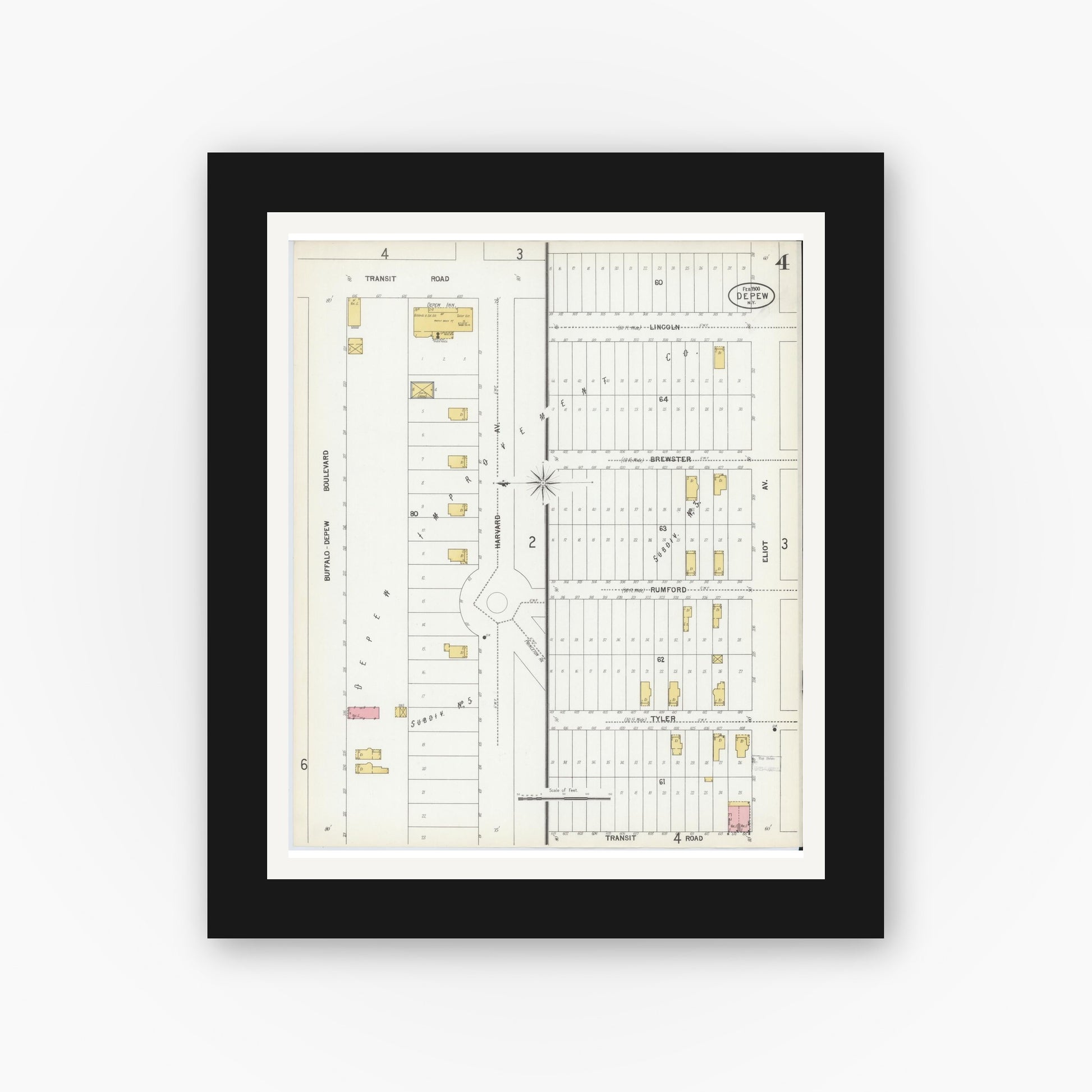 Old map wall art mockup — black gallery frame with white mat — Sanborn Fire Insurance Map from Depew, Erie County, New York (1900), Sheet #0004