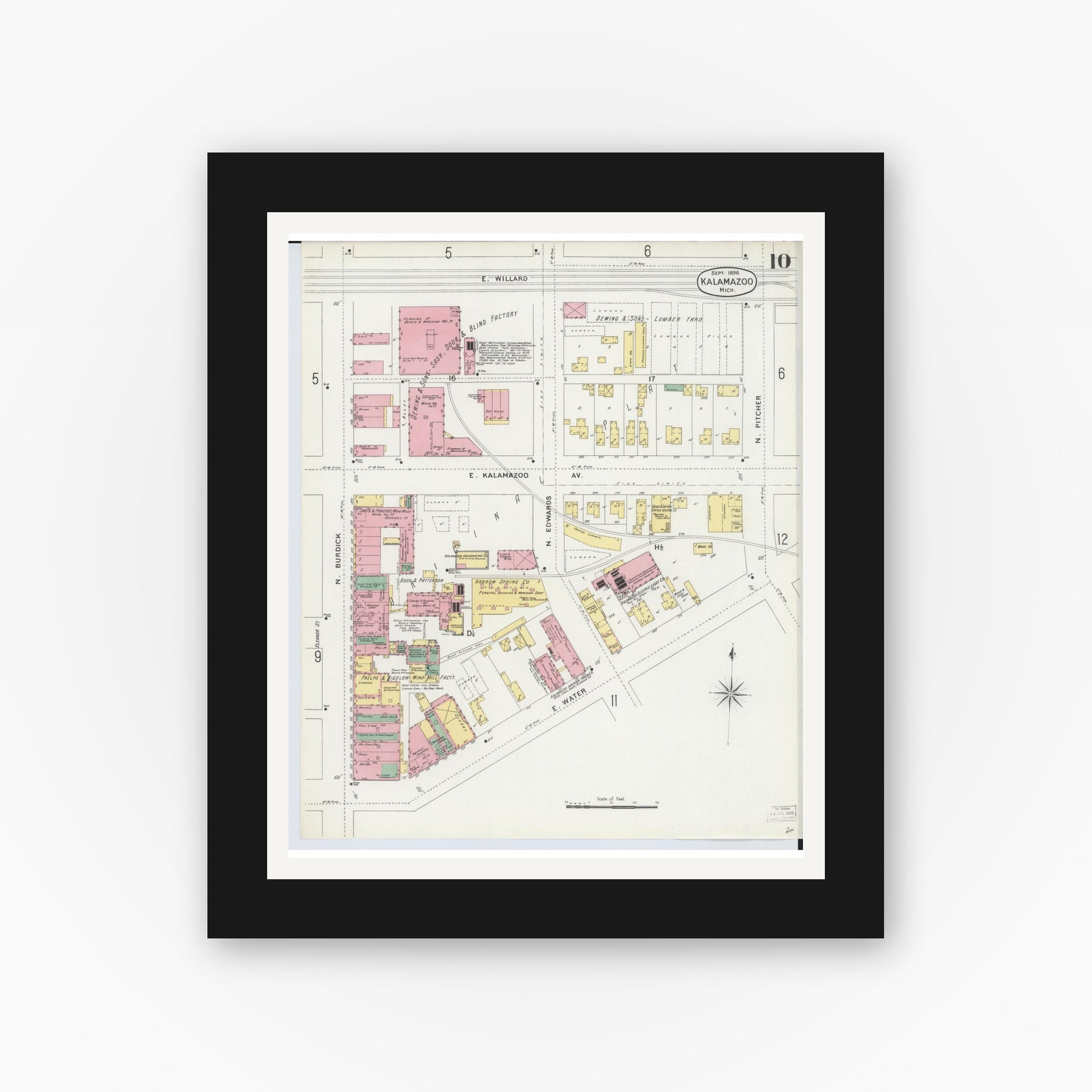Old map wall art mockup — black gallery frame with white mat — Sanborn Fire Insurance Map from Kalamazoo, Kalamazoo County, Michigan (1896), Sheet #0010