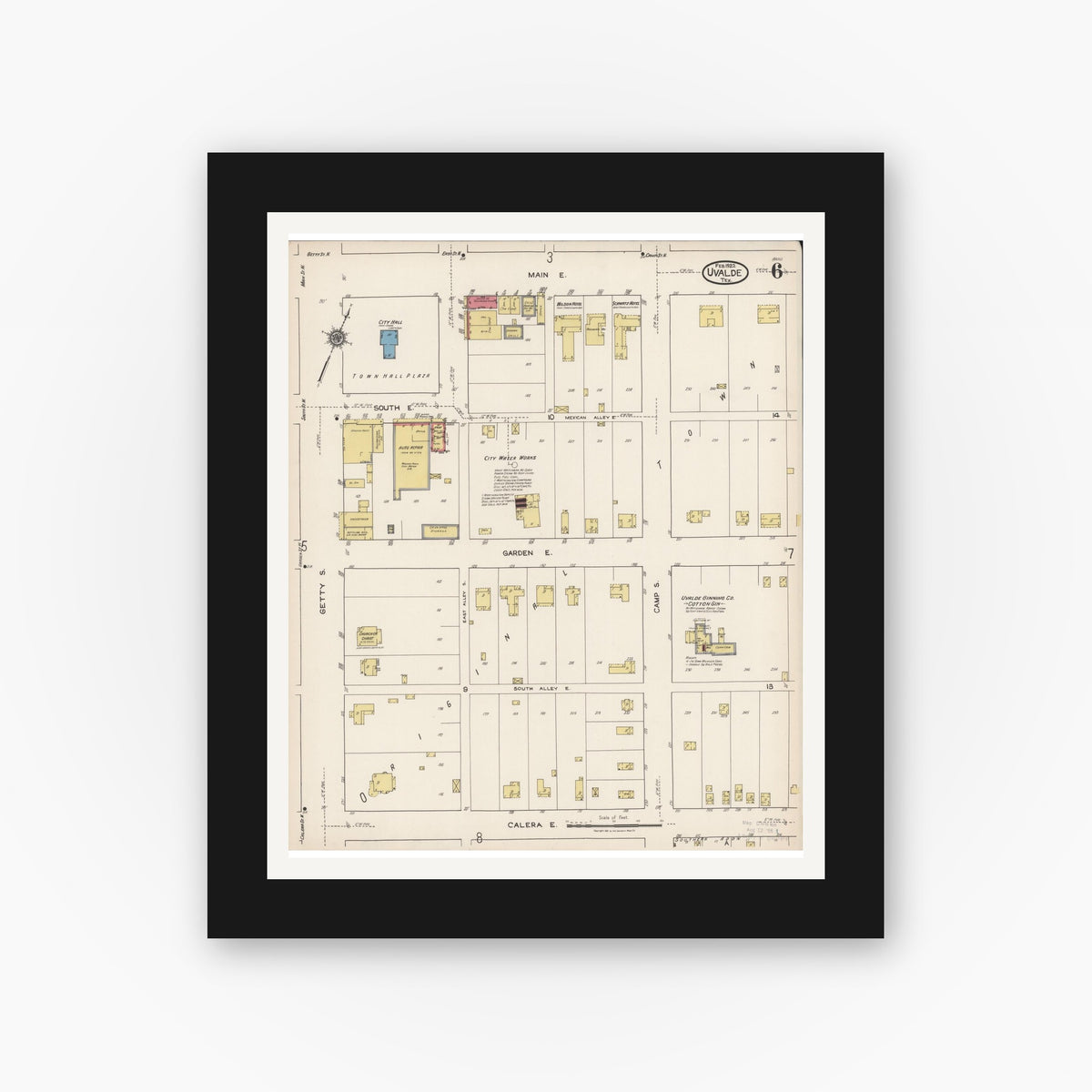Old map wall art mockup — black gallery frame with white mat — Sanborn Fire Insurance Map from Uvalde, Uvalde County, Texas (1922), Sheet #0006