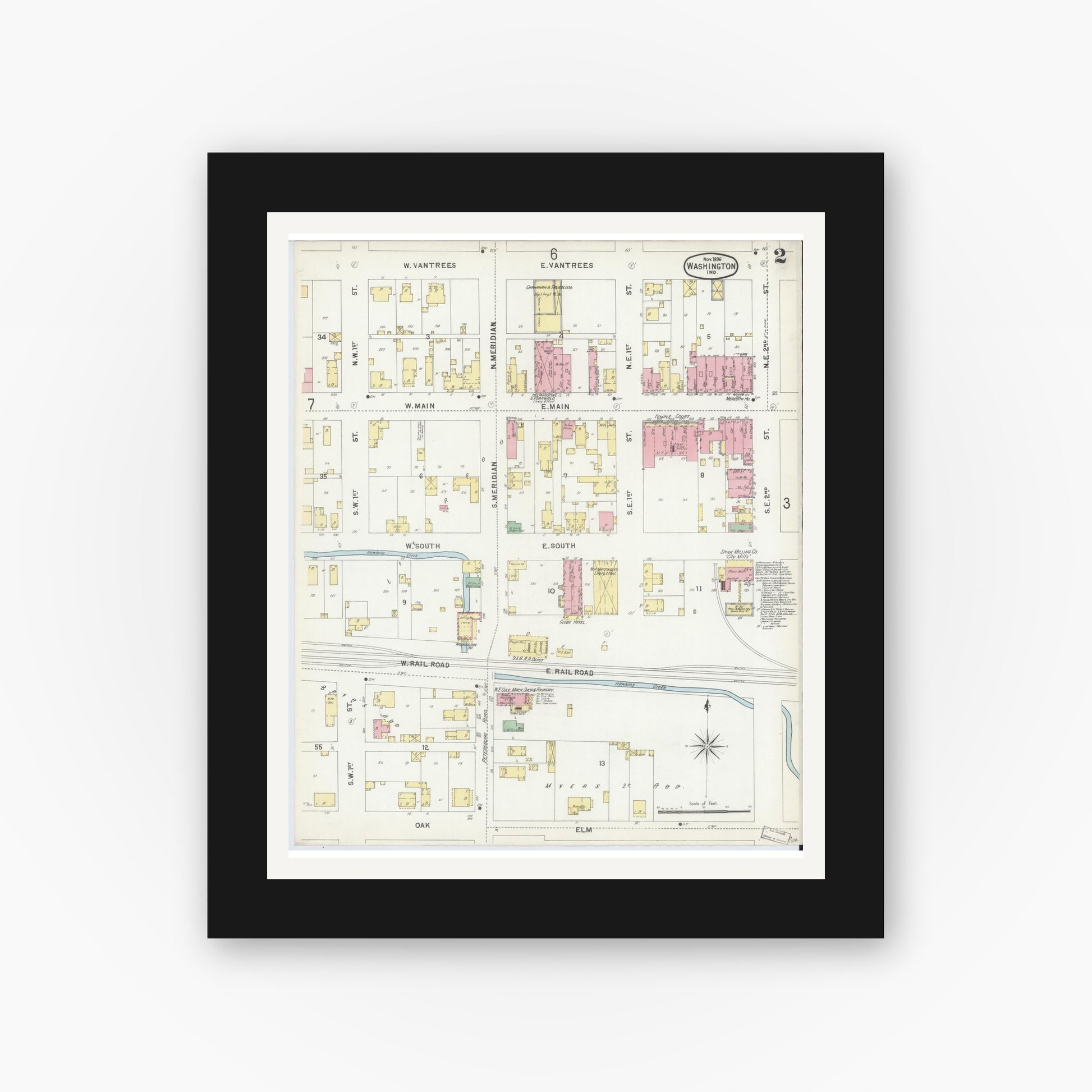 Old map wall art mockup — black gallery frame with white mat — Sanborn Fire Insurance Map from Washington, Daviess County, Indiana (1896), Sheet #0002
