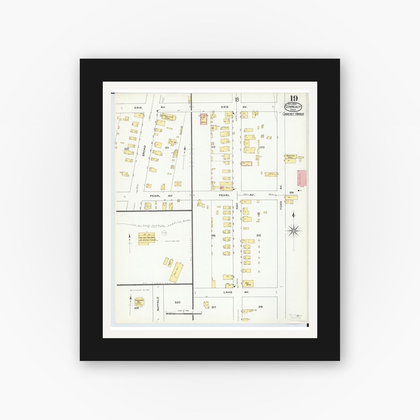 Old map wall art mockup — black gallery frame with white mat — Sanborn Fire Insurance Map from Conneaut, Ashtabula County, Ohio (1909), Sheet #0019