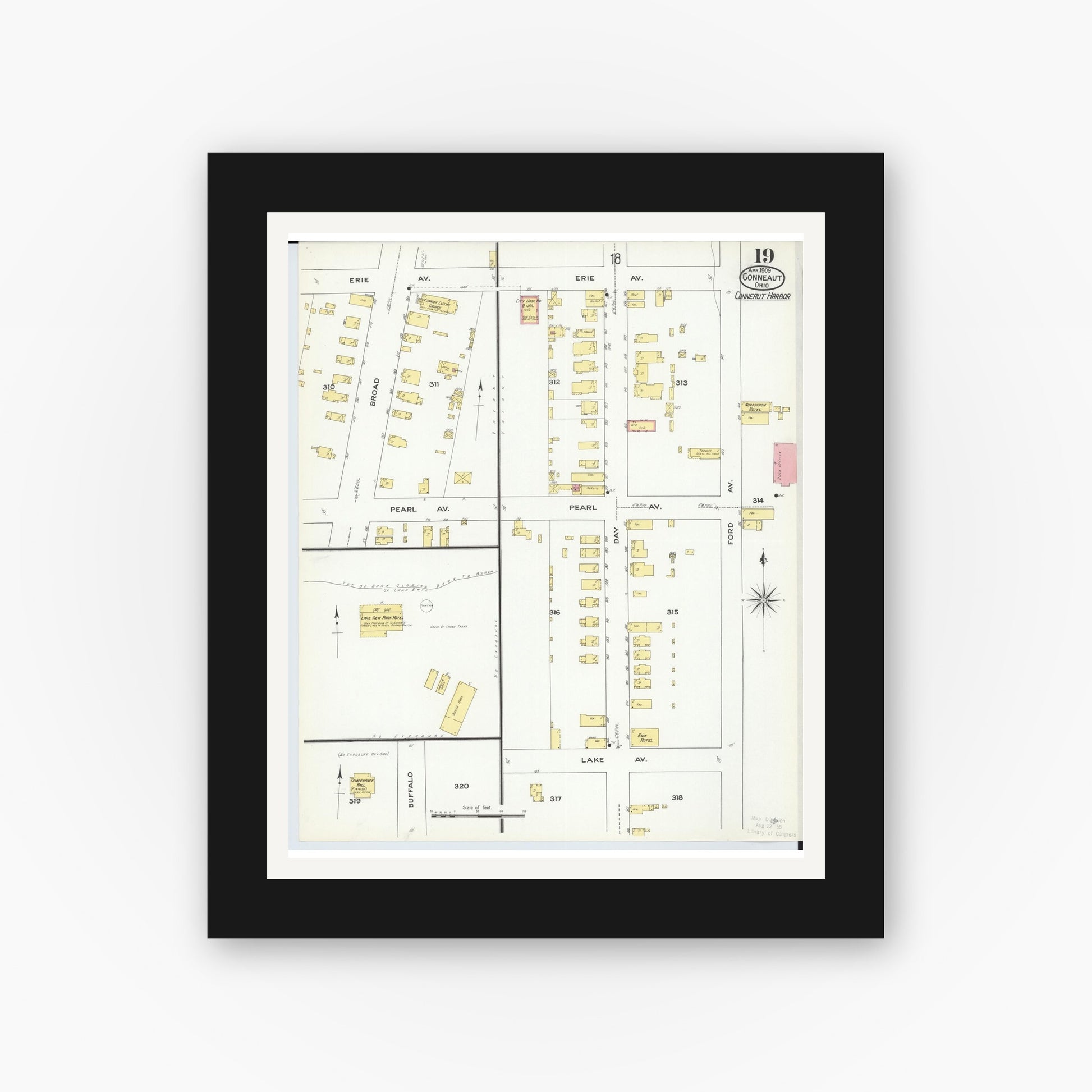 Old map wall art mockup — black gallery frame with white mat — Sanborn Fire Insurance Map from Conneaut, Ashtabula County, Ohio (1909), Sheet #0019