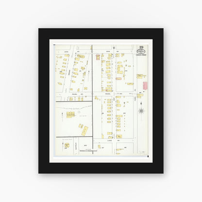 Old map wall art mockup — black gallery frame with white mat — Sanborn Fire Insurance Map from Conneaut, Ashtabula County, Ohio (1909), Sheet #0019