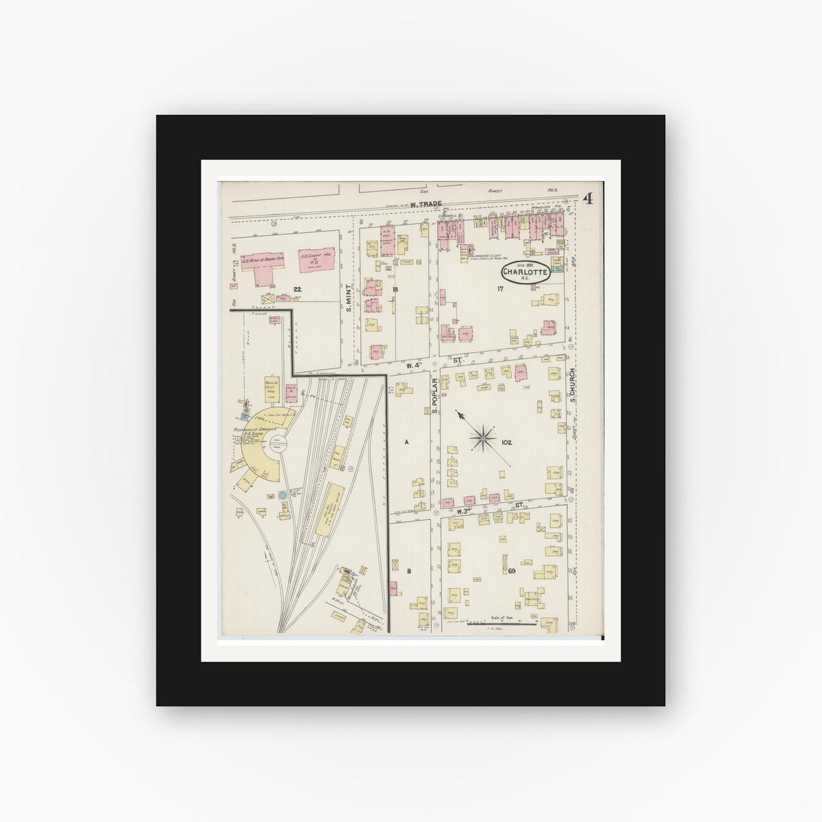 Old map wall art mockup — black gallery frame with white mat — Sanborn Fire Insurance Map from Charlotte, Mecklenburg County, North Carolina (1890), Sheet #0004