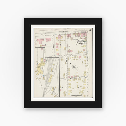 Old map wall art mockup — black gallery frame with white mat — Sanborn Fire Insurance Map from Charlotte, Mecklenburg County, North Carolina (1890), Sheet #0004