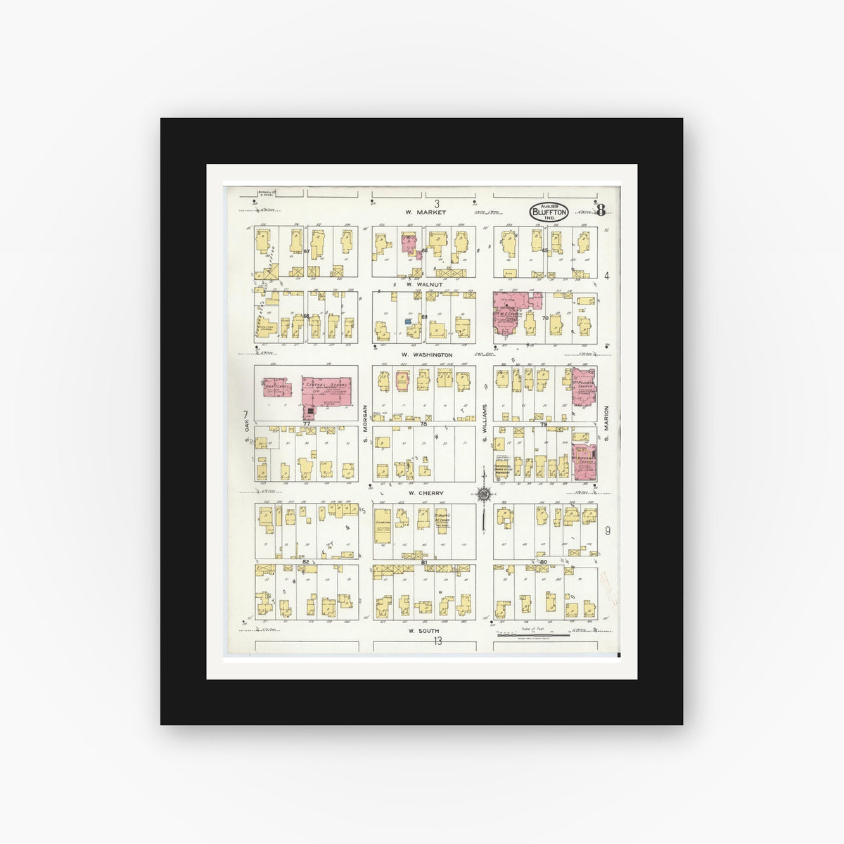 Old map wall art mockup — black gallery frame with white mat — Sanborn Fire Insurance Map from Bluffton, Wells County, Indiana (1919), Sheet #0008