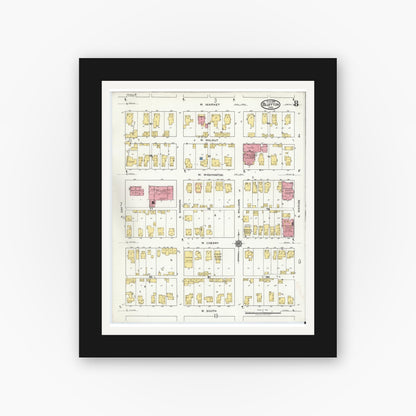 Old map wall art mockup — black gallery frame with white mat — Sanborn Fire Insurance Map from Bluffton, Wells County, Indiana (1919), Sheet #0008