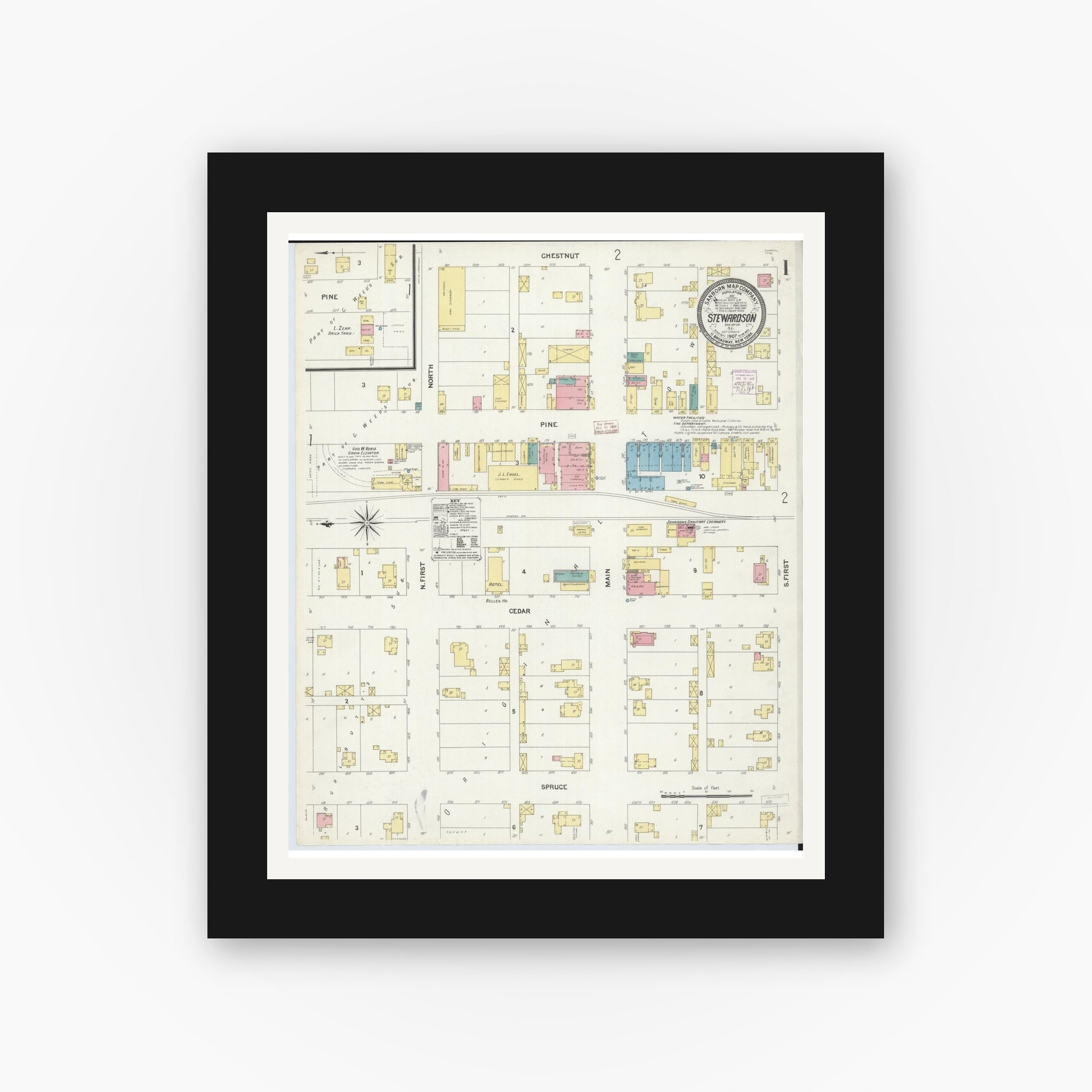 Old map wall art mockup — black gallery frame with white mat — Sanborn Fire Insurance Map from Stewardson, Shelby County, Illinois (1907) - Complete Map Set